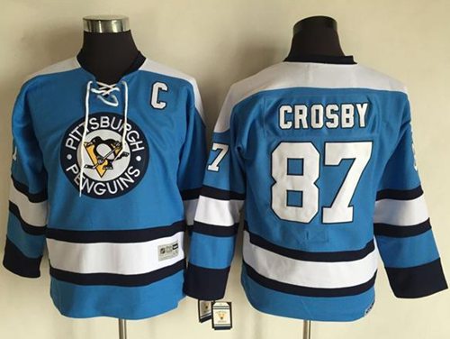 Penguins #87 Sidney Crosby Blue CCM Throwback Stitched Youth NHL Jersey - Click Image to Close